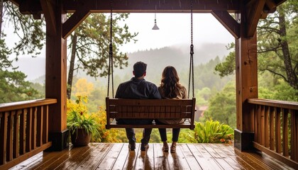 A couple enjoying a quiet moment, seated on a wooden swing on a porch, surrounded by nature. The view is a beautiful landscape