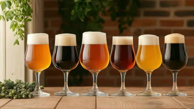 Six tulip beer glasses showing different beer colors on wooden table