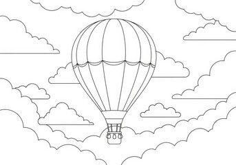 Obraz premium Hot Air Balloon Adventure Coloring Page - A whimsical hot air balloon floats amidst fluffy clouds, symbolizing adventure, freedom, dreams, exploration, and serenity.