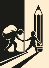 A vector art poster for "World Day Against Child Labour." The image is split into a dark and a light side. On the dark side, a silhouette of a child carries a heavy sack