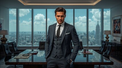 Man in a suit standing in a boardroom with a cityscape view through the large office windows behind