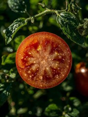 A close up of a sliced tomato with water droplets on the surface surrounded by green leaves and stems