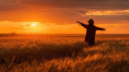Sunset over a golden wheat field with a scarecrow silhouette against an orange sky, pastoral scene