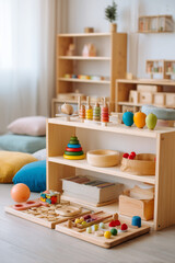Warm Montessori corner with soft pillows and educational wooden toys on shelves. Calm and cozy space for toddler development and creative exploration