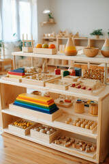 Bright Montessori room with colorful wooden toys and rainbow blocks on shelves. Natural learning materials for early childhood education and discovery