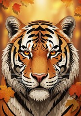 Majestic Tiger in Autumn - Close-up portrait of a tiger's face, surrounded by autumn leaves. The tiger's fur is detailed and its gaze is intense
