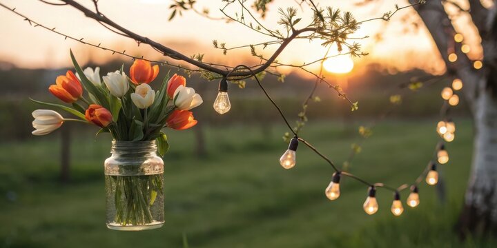 Bouquet of orange and white tulips in a jar hanging from a tree branch with string lights at sunset. Vase of colorful tulips and string lights in a garden at golden hour - Powered by Adobe