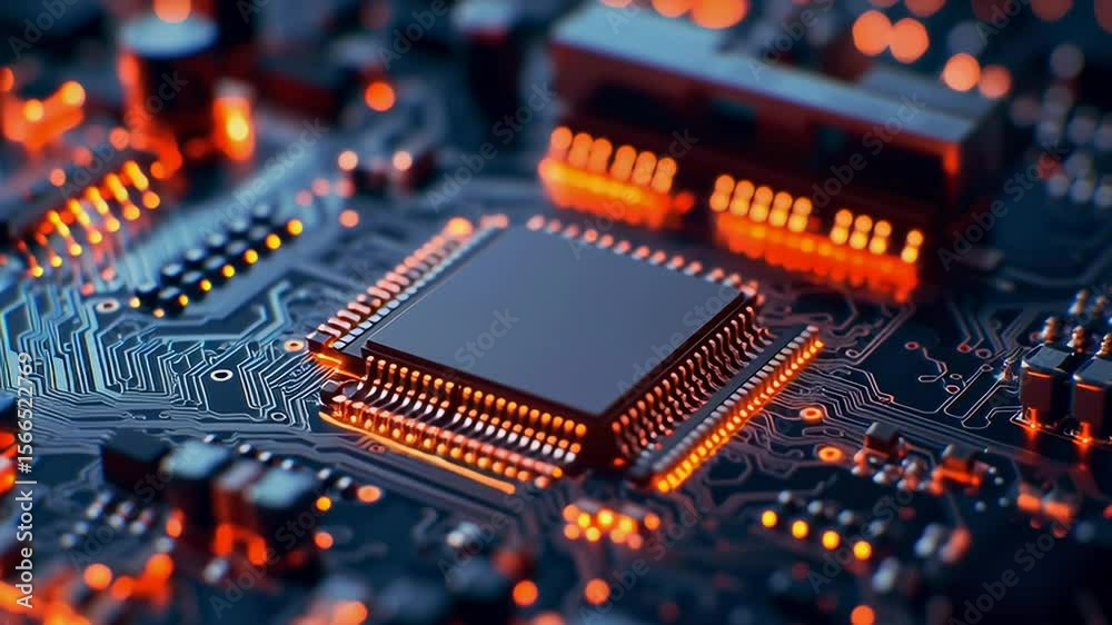 Poster a close up of a computer chip with a lot of orange lights. the chip is a microprocessor and is surro