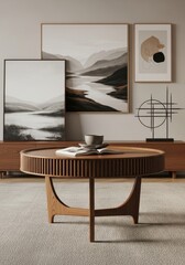 Modern Living Room Coffee Table Decor - Stylish wooden coffee table with minimalist art prints in a modern living room setting. Calm and serene atmosphere