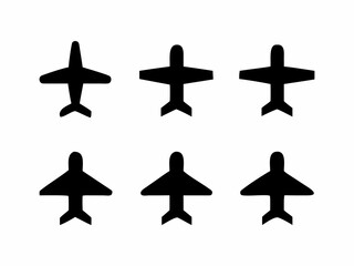 A grid of nine simple, black silhouette airplane icons, arranged in a 3x3 pattern on a white background.