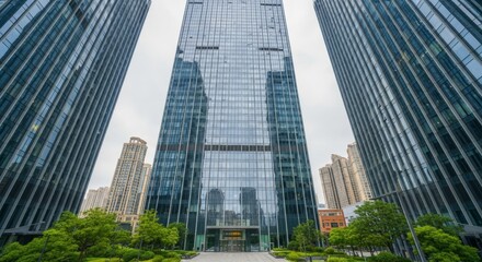 Modern Skyscraper Reflection - Urban architecture, glass facade, city reflection, modern business, corporate success