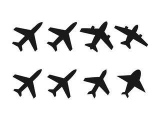 A collection of various airplane silhouettes in black against a white background.