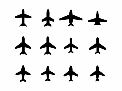 A grid of twelve simple, black airplane icons against a plain white background.