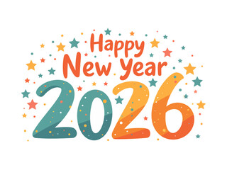 big bold cartoony style text Happy New year 2026 on a white background