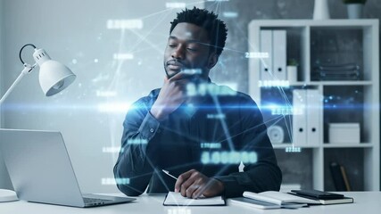 Data Insights: A focused African American man in his 30s contemplates network data visualizations for innovative technology solutions. - Powered by Adobe