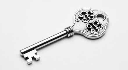 Ornate Silver Skeleton Key - A close-up shot of an elegant silver skeleton key with intricate detailing against a white background