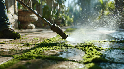 Removing moss from sidewalk slabs using a water jet from a pressure washer