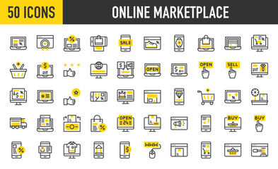 50 Online marketplace icons. such as Shopping Cart, Award, Globe, Order, Webpage, Laptop, One Star, Diamond, Sale, Review, Discount, Www, Delivery Truck, Online, Open vector stroke illustration.