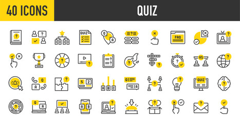 40 Quiz icons. such as True, Right, Wheel, Idea, Quiz, Rapid Fire Question, False, Timer, Team, Question, Video, Puzzle, Maze, Versus, Score, Crossword, Question vector stroke illustration.