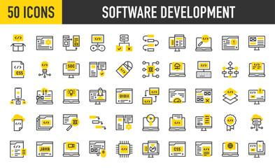 50 Software development icons. such as Soc, Flow Chart, Optimization, Layer, Workflow, Responsive, Alert, Drivers, Merge, Quality, Malware, Hierarchical Structure vector stroke illustration.