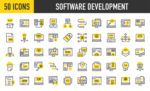 50 Software development icons. such as Soc, Flow Chart, Optimization, Layer, Workflow, Responsive, Alert, Drivers, Merge, Quality, Malware, Hierarchical Structure vector stroke illustration.