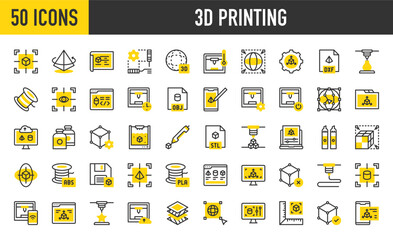 50 3d Printing icons. such as Stl, Resize, Measurement, Development, Filament, Abs, Failed, Obj, Prototype, Pla, Save, Select, Monitor, Setting, Blueprint, 3d, Browser vector stroke illustration.