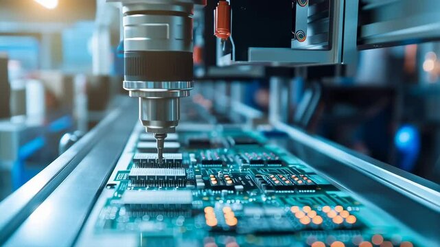 A computer chip is being manufactured with a drill. Concept of precision and technical expertise