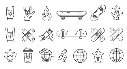 Skateboarding icon collection vector illustration in minimalist line style for design and print