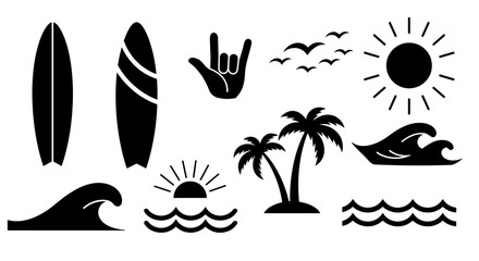 Surfing and beach icons vector illustration for summer design and print projects