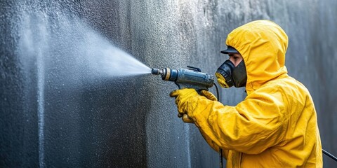 A person in a yellow hazmat suit and respirator uses a power washer to clean or decontaminate a surface covered with grime or chemicals.