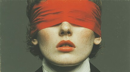 Minimalist portrait of a woman with red blindfold and lipstick