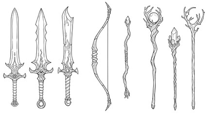 Fantasy weapon collection vector illustration: swords, bows, and staffs for rpg design
