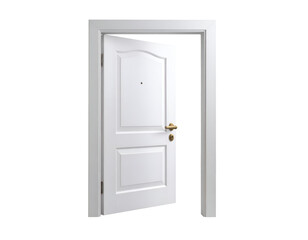 Naklejka premium An inviting modern white door, adorned with a shining brass handle, stands gently ajar.