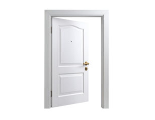 An inviting modern white door, adorned with a shining brass handle, stands gently ajar.