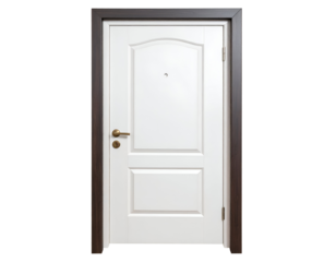 A pristine white panel door with a dark frame and elegant brass hardware offers a welcoming entrance.
