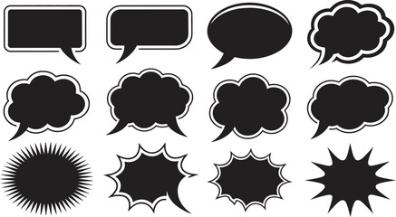 Set of Comic Speech and Explosion Bubble Icons – Black Vector Thought and Dialog Shapes Collection