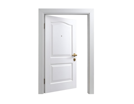 An inviting modern white door, adorned with a shining brass handle, stands gently ajar. - Powered by Adobe