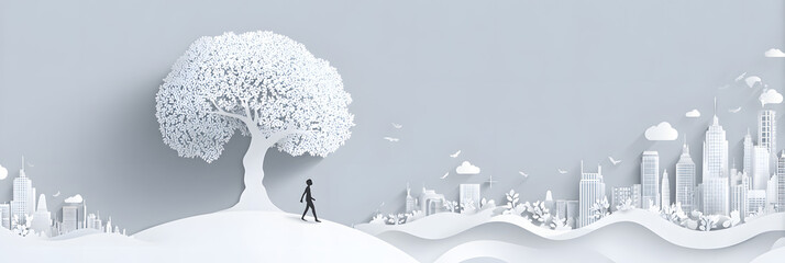 The person who knows. Tree, Achieve sustainable growth, World Environment Day. White eco urban city and nature landscape background paper art style.