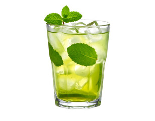 A refreshing and vibrant green drink filled with ice and fresh mint leaves, perfect for summer.