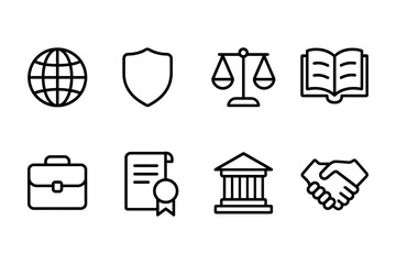 Legal and business icons set featuring symbols of global, justice, and agreement, vector illustration