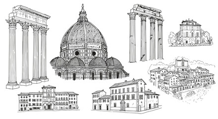 Architectural landmarks of italy vector illustration: line style design for travel and heritage posters