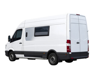 Naklejka premium Sleek white cargo van with tinted and rear doors poised for delivery or travel.