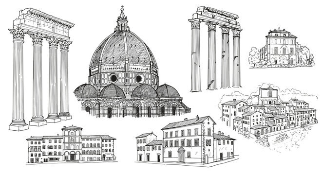 Architectural landmarks of italy vector illustration: line style design for travel and heritage posters