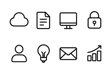 Technology and communication icon set featuring cloud, document, computer, and security elements, vector illustration
