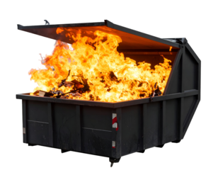 A large commercial dumpster is engulfed in a powerful fire, creating a dramatic and hazardous scene.
