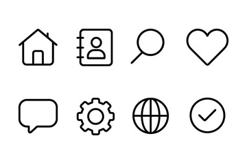Minimalist icon set featuring home, contact, search, heart, chat, settings, globe, and checkmark, vector illustration