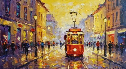 Obraz premium Nostalgic Tram Ride Vivid Cityscape Oil Painting.
