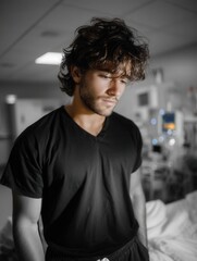 Young man in hospital with a pensive expression, medical equipment in the background, and emotional moments