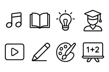 Education and learning icons set featuring music, books, creativity, and school elements, vector illustration