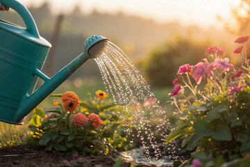 Watering flowers in the garden. Watering can and flowers. watering can with colorful garden flowers, in a sunlit garden scene. watering can flowers, garden container spring bulbs with gardening 